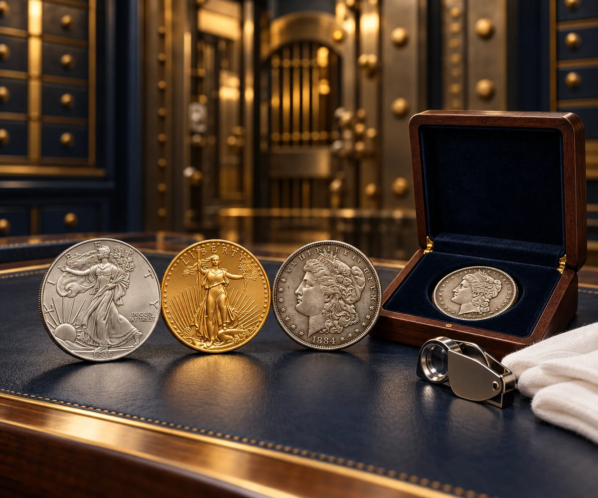 Gold and silver collectible coins displayed on navy leather beside a wooden presentation box.